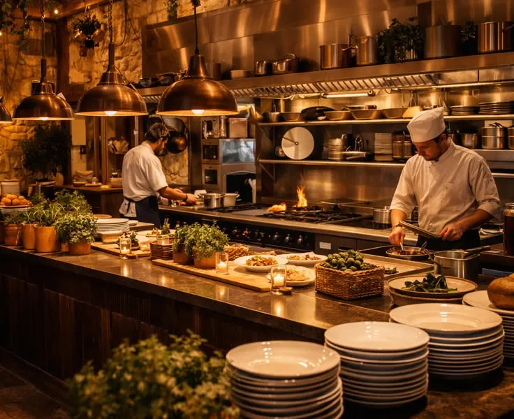 Cuisine ouverte du restaurant avec l'équipe en préparation