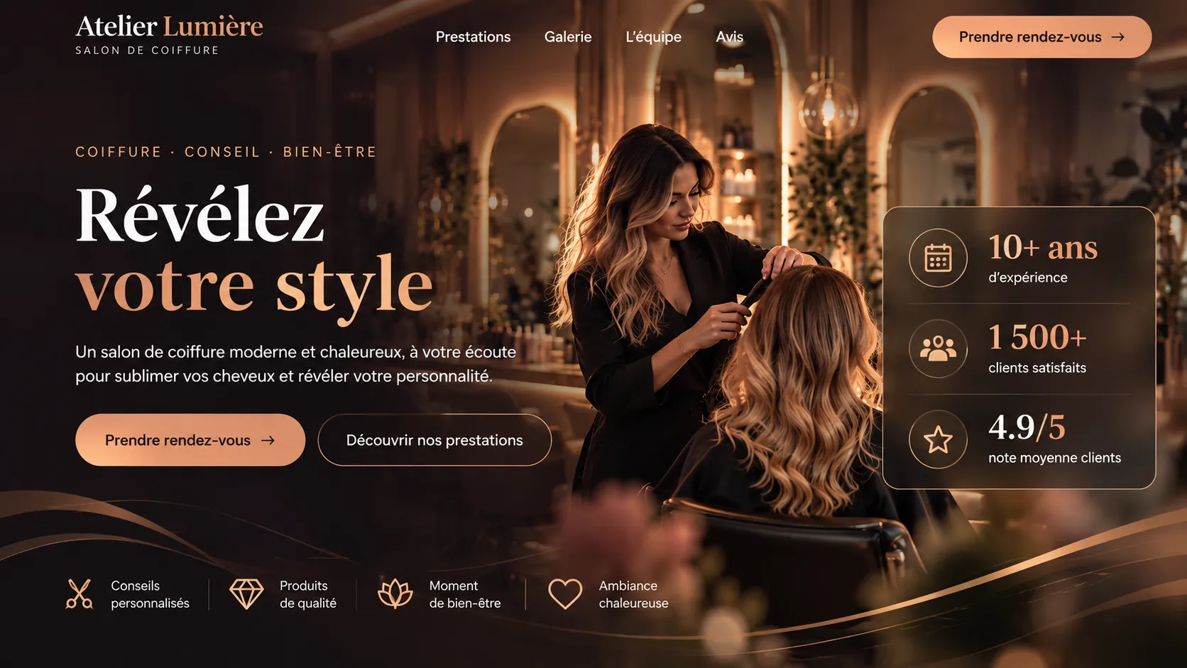 Atelier Lumière — Révélez votre style. Un salon de coiffure moderne et chaleureux, à votre écoute pour sublimer vos cheveux et révéler votre personnalité.
